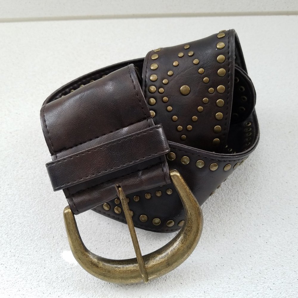 Wide Brown Faux Leather Belt with Gold Grommets - Picture 2 of 8